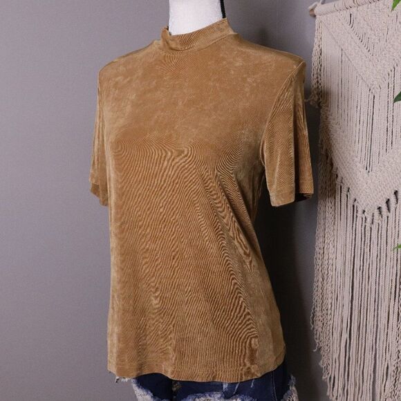 Vintage 80's Cognac Short Sleeve Mock Neck Blouse - Picture 1 of 6